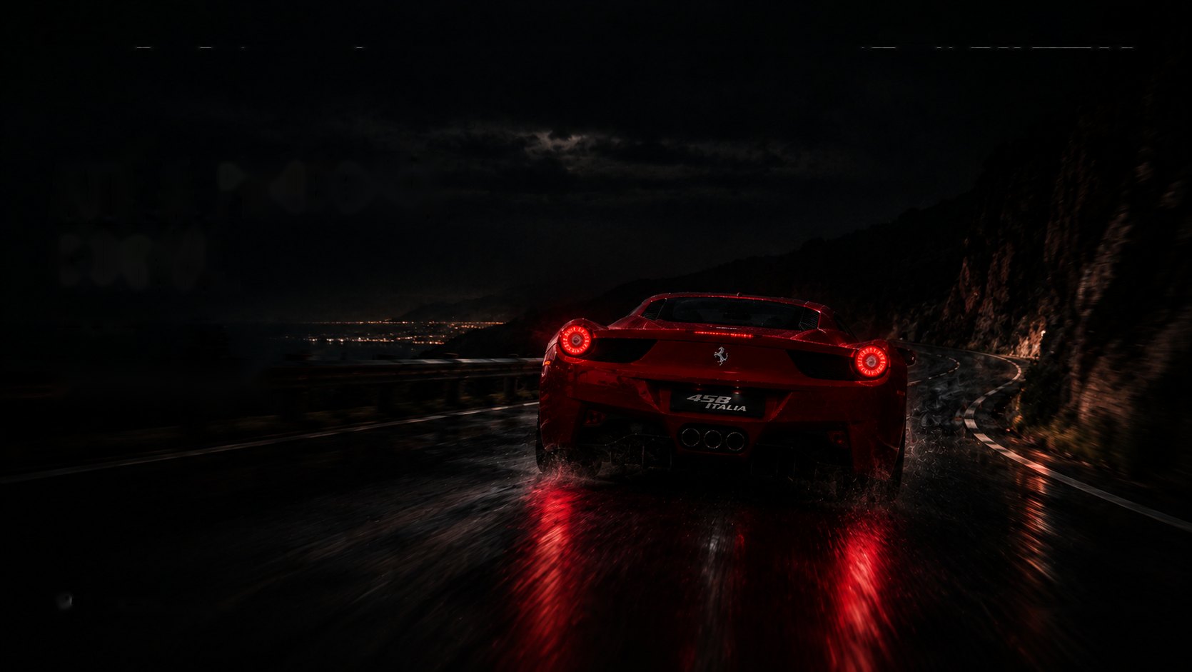 Ferrari 458 vermelha indo embora em estrada molhada à noite